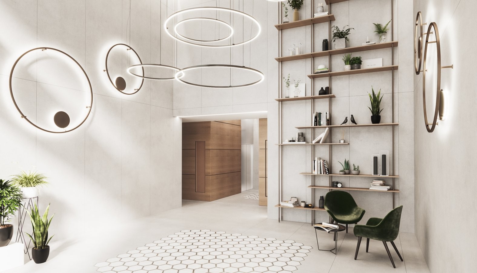 Soggiorno luminoso con illuminazione decorativa